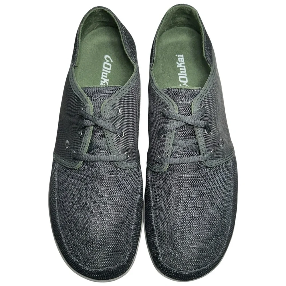 Olukai NIB Men’s Size 11.5 Dark Shadow Gray Nohea Mesh Lace Up Boat Shoes
